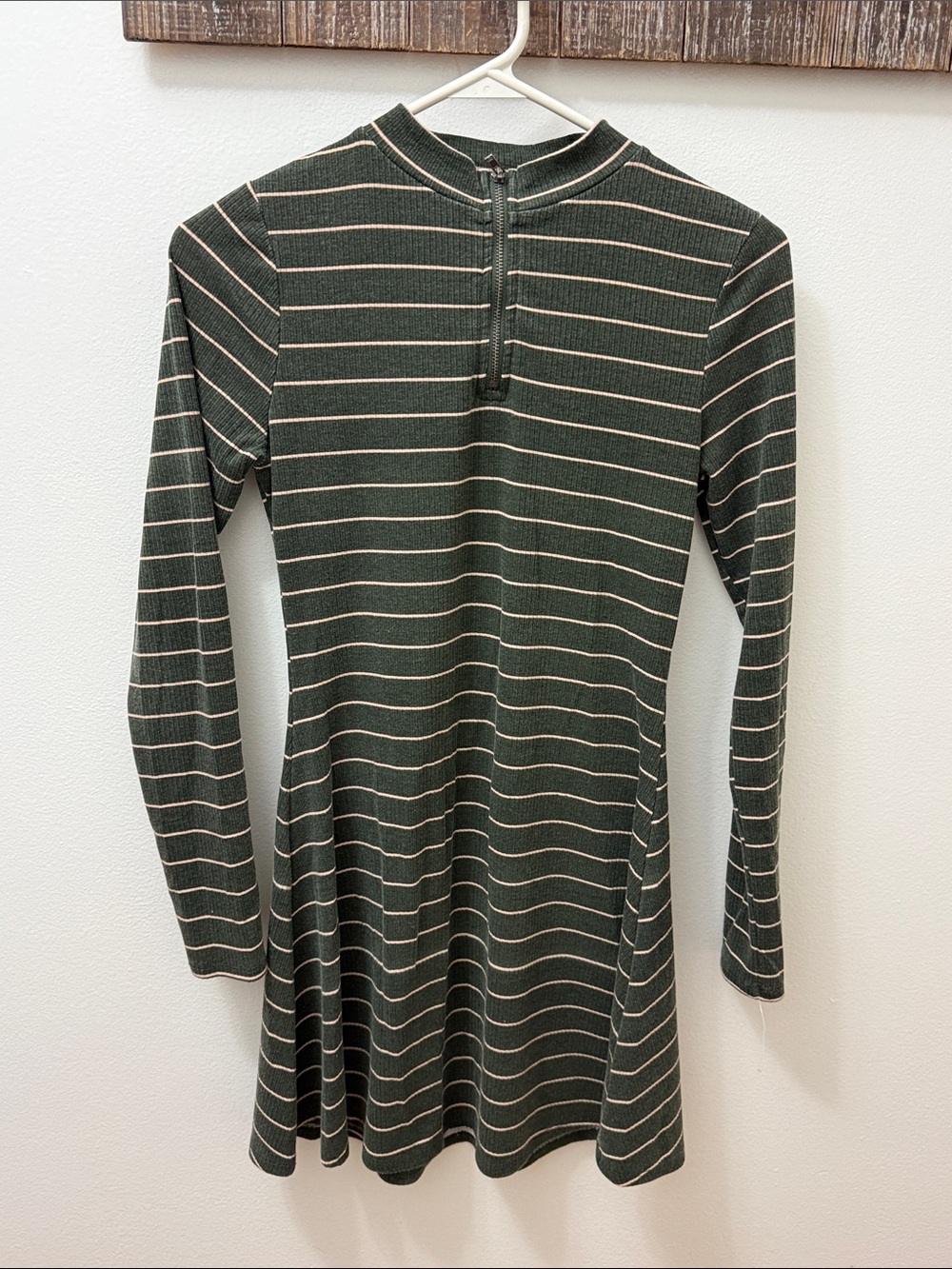 love, Fire Olive Green and Cream Striped Long-Sleeve Knit Dress